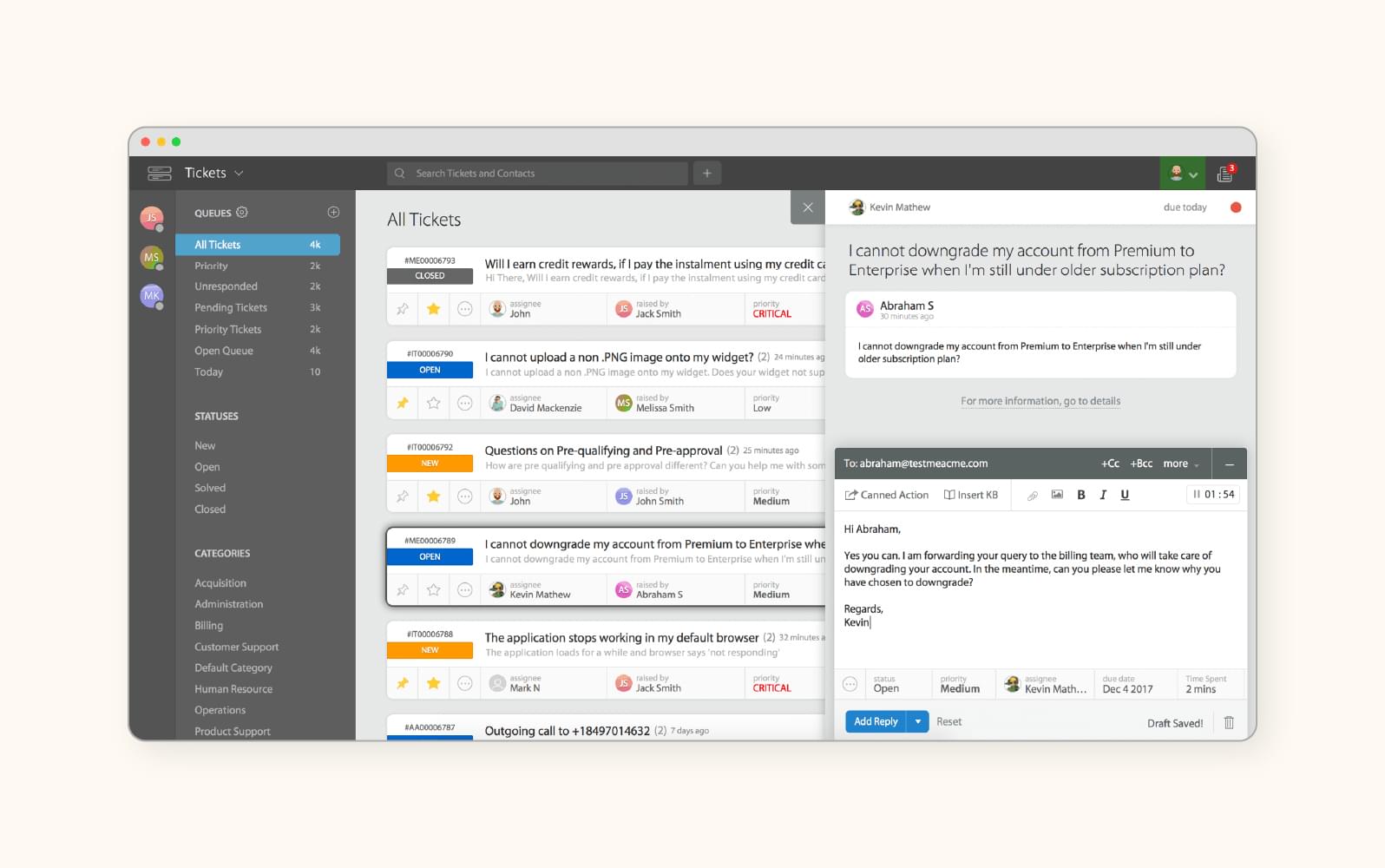 A screenshot depicts the ticket system of HappyFox, a customer service software.