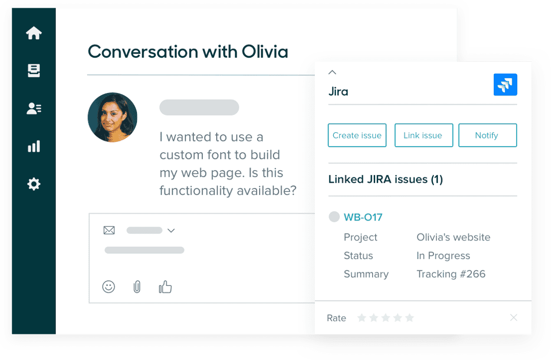 Zendesk Agent Workspace showing conversation with Olivia using JIRA integration to create tickets.