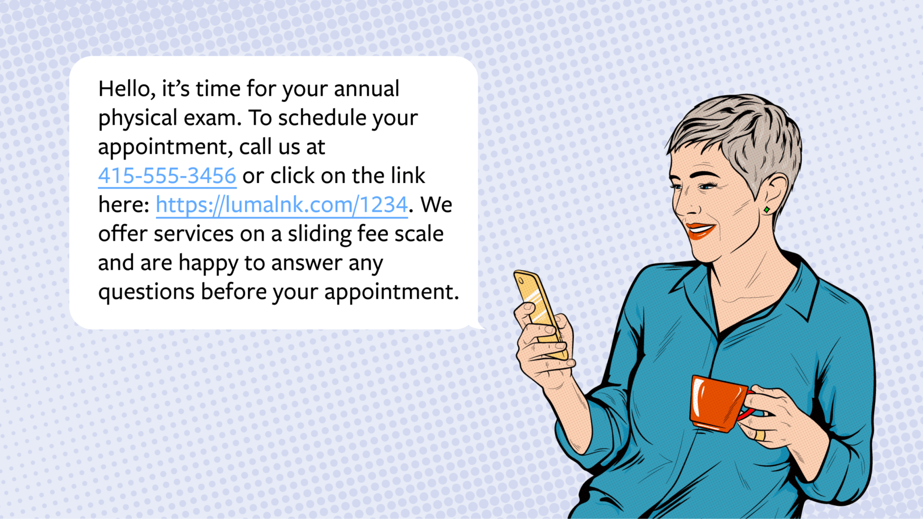 Illustration of a person looking at their phone, with copy showing a notification that it's time for them to have their annual exam