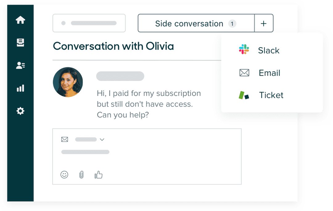 Zendesk Agent Workspace showing conversation with Olivia using Side Conversations