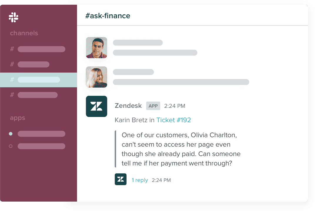 Slack screen showing Zendesk integration