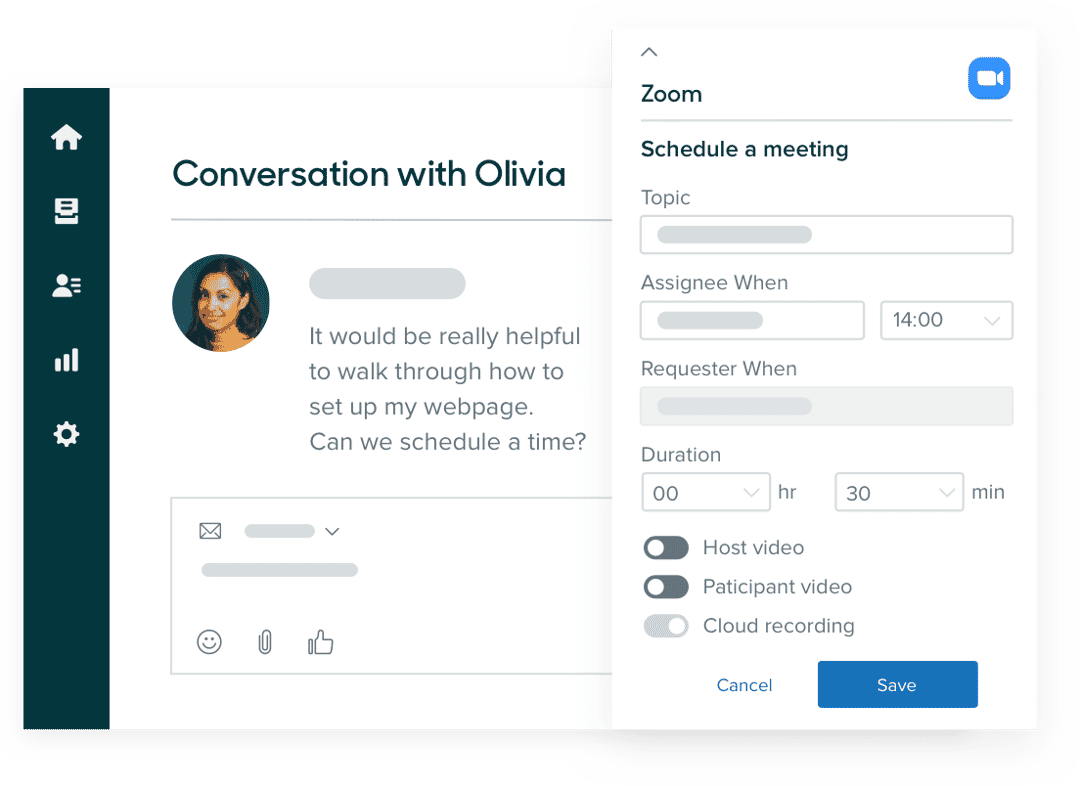 Zendesk Agent Workspace showing conversation with Olivia using Zoom integration to schedule a meeting.